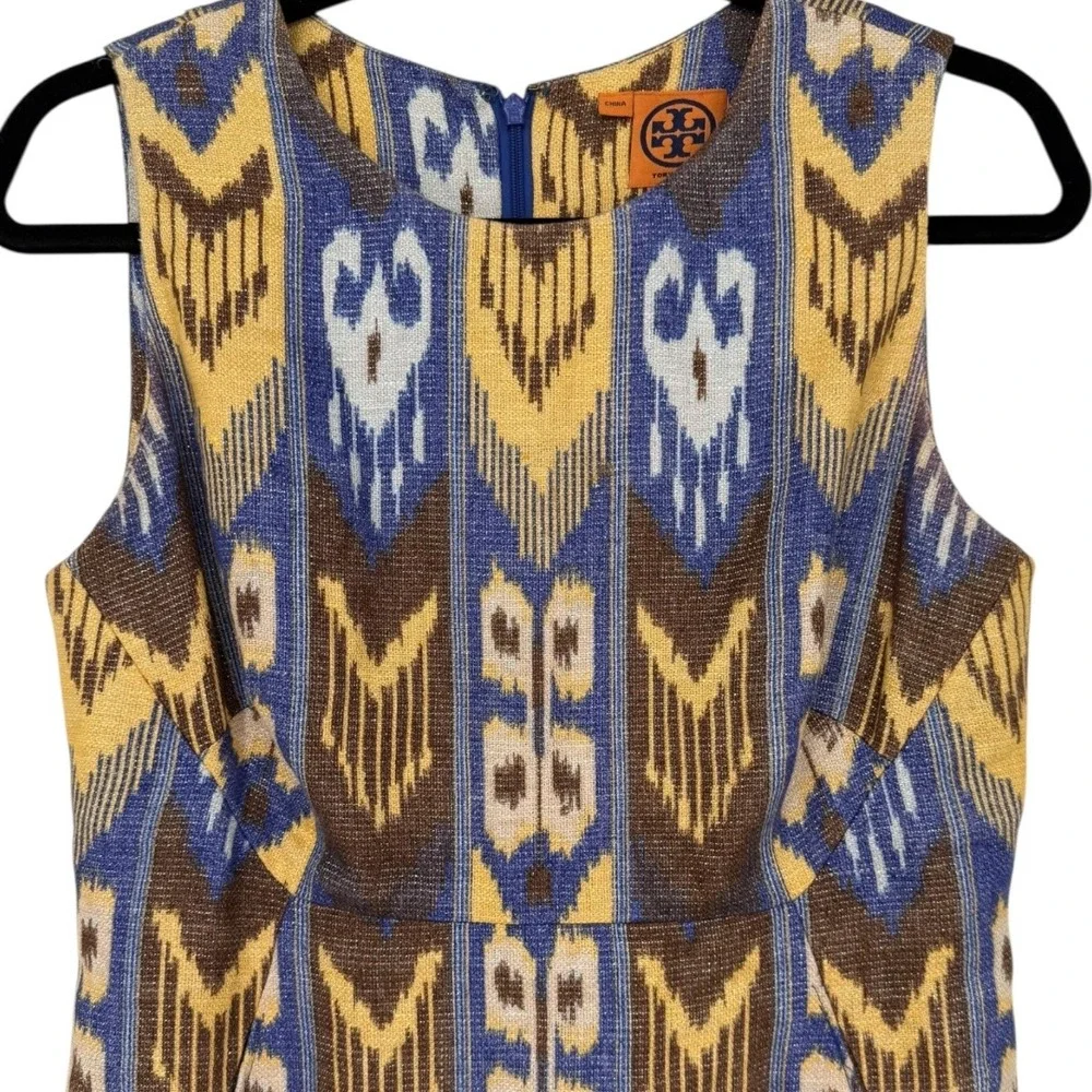 Tory Burch Kiersten Linen Blend Sleeveless Ikat Print Sheath Dress‎ Size 8 Retro